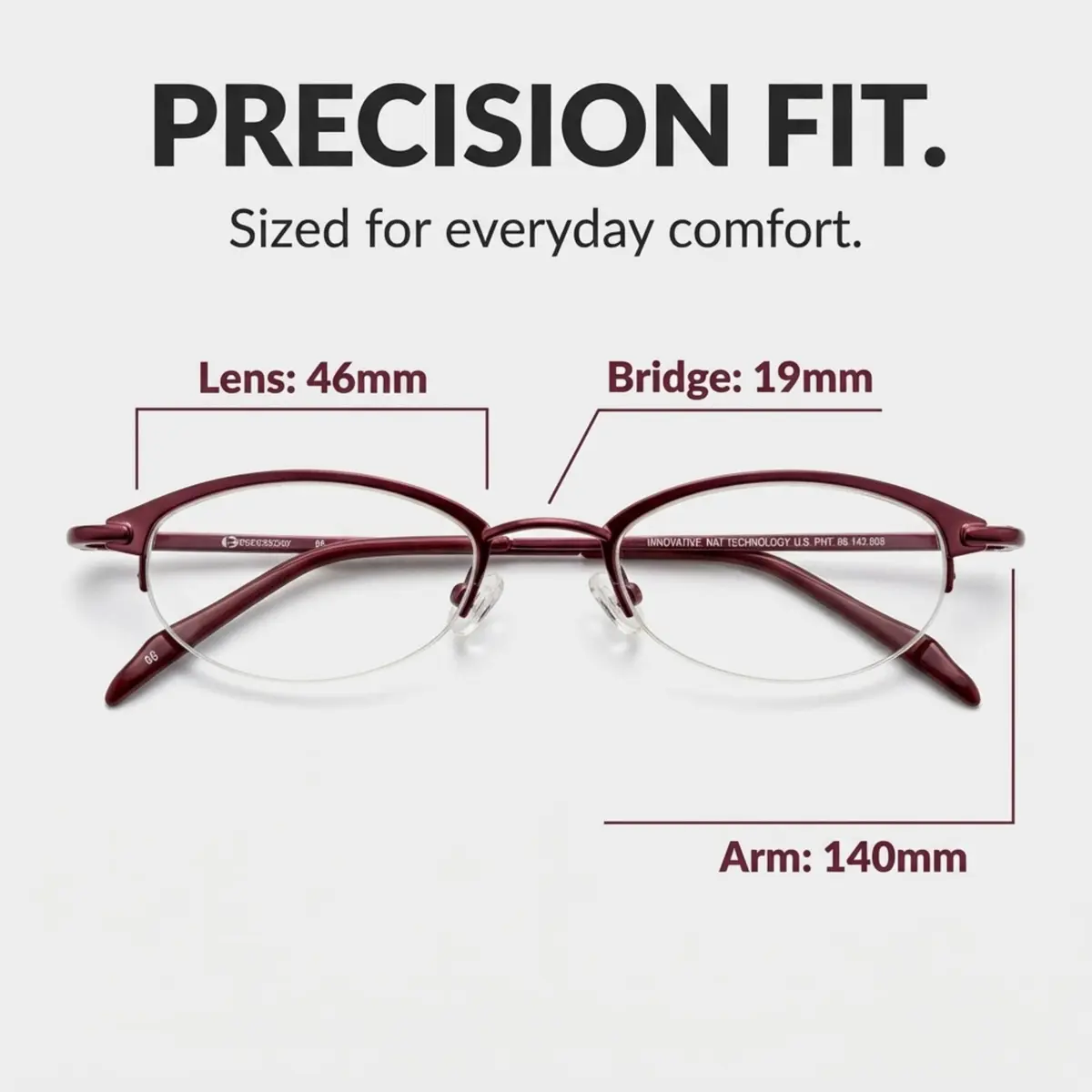 Hit Notion Oval Semi-Rimless Eyeglass Frames Plum 46-19-140 mm (1.81" Lens Width) | Lightweight Monel Metal for All-Day Comfort - view 2