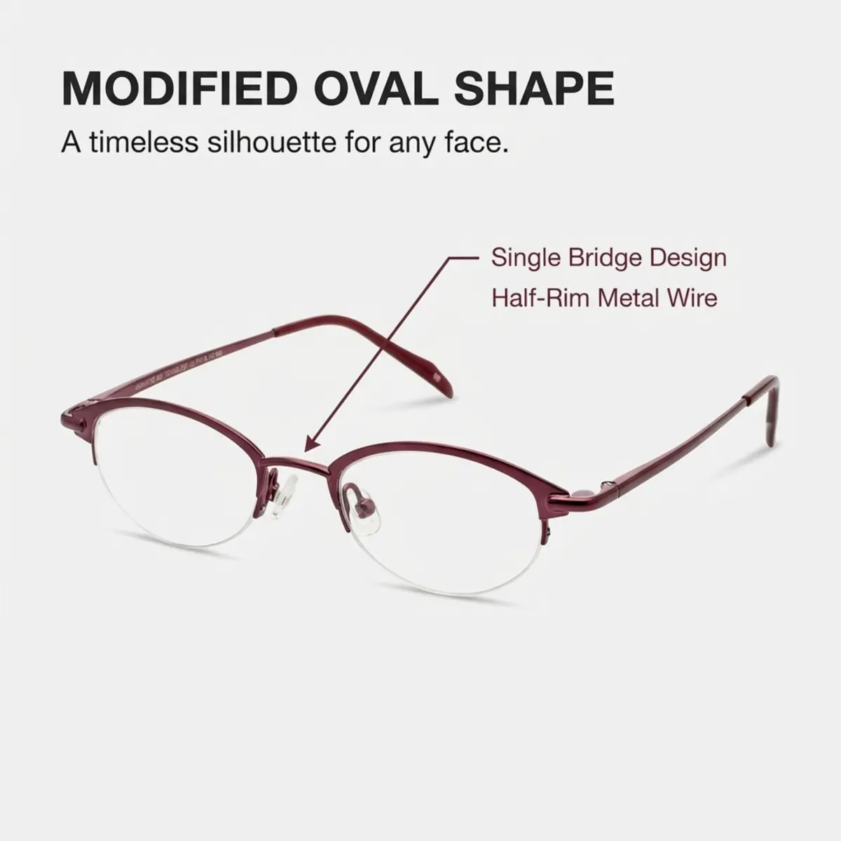 Hit Notion Oval Semi-Rimless Eyeglass Frames Plum 46-19-140 mm (1.81" Lens Width) | Lightweight Monel Metal for All-Day Comfort - view 3