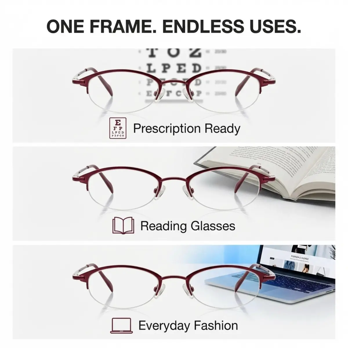 Hit Notion Oval Semi-Rimless Eyeglass Frames Plum 46-19-140 mm (1.81" Lens Width) | Lightweight Monel Metal for All-Day Comfort - view 4