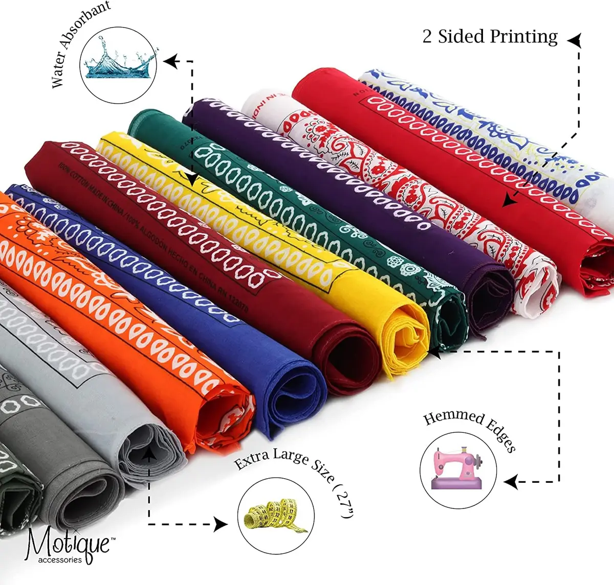 Motique Accessories Extra Large Solid Paisley Bandana 68cm x 68cm | 100% Cotton for Hair, Neck, Head - view 2