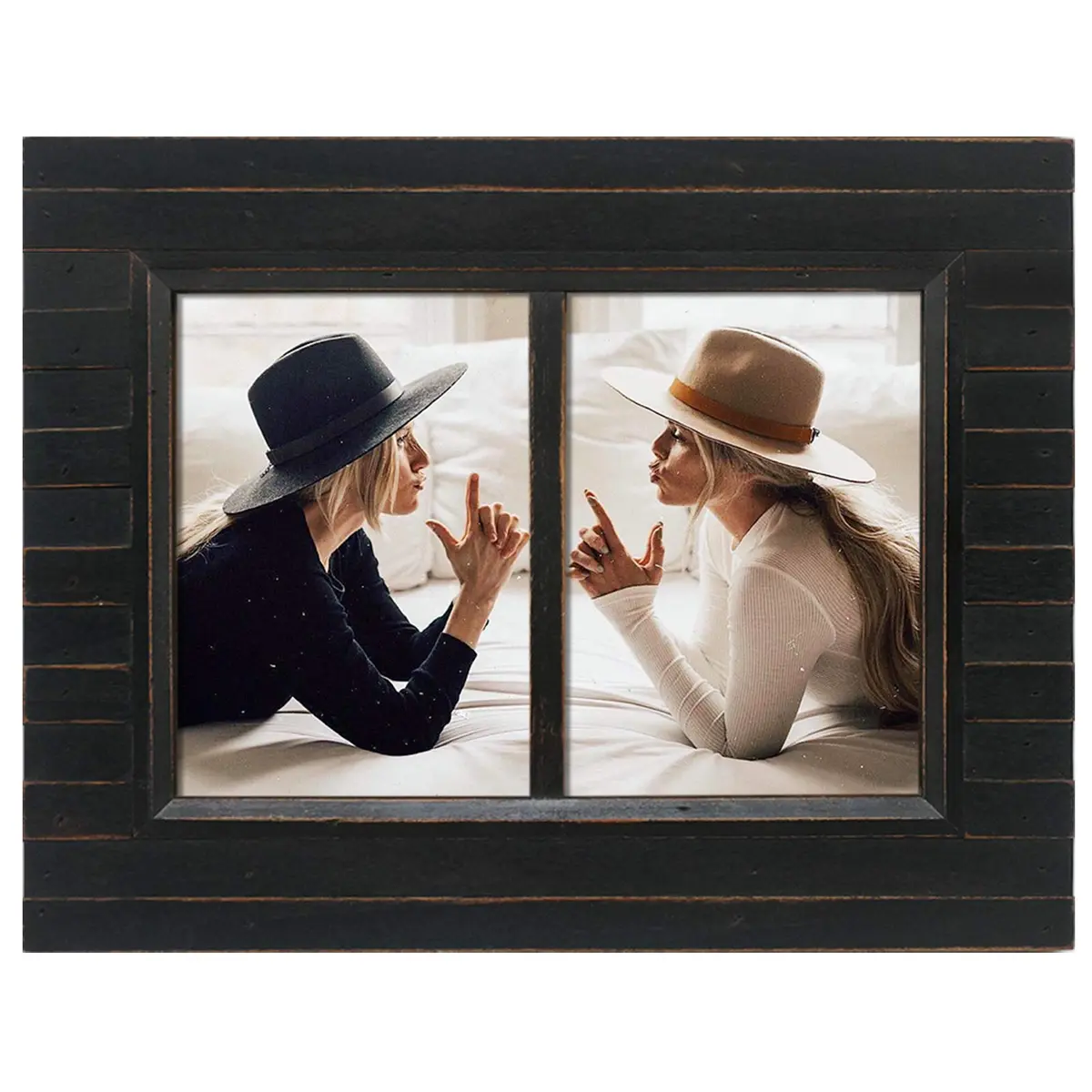 Eosglac 5x7 Collage Picture Frame Distressed Black | Rustic 2-Opening Wall & Tabletop Frame - main product image
