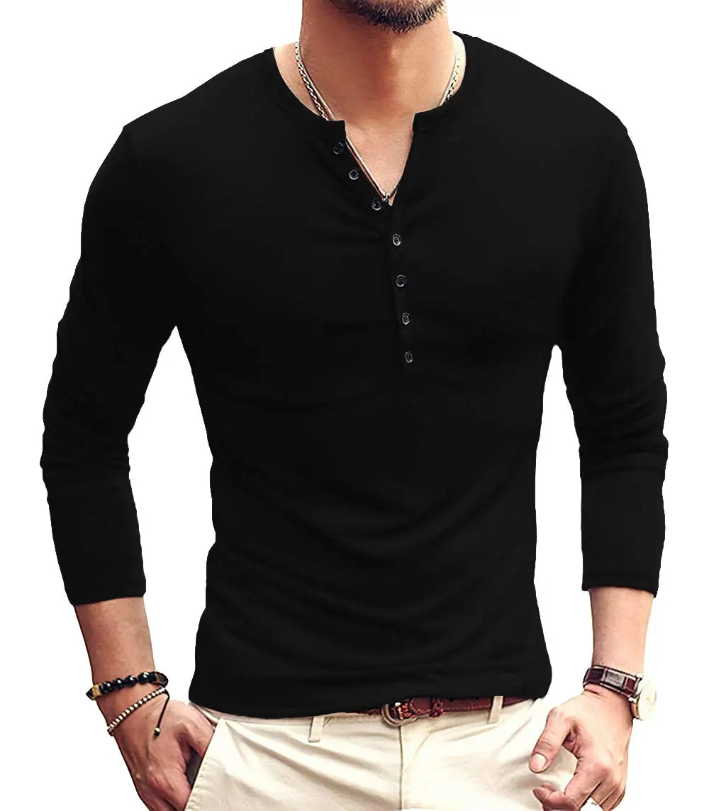 YTD Mens Casual Slim Fit Basic Henley Long Sleeve Fashion T-Shirt M Black | Comfortable Cotton Blend - main product image