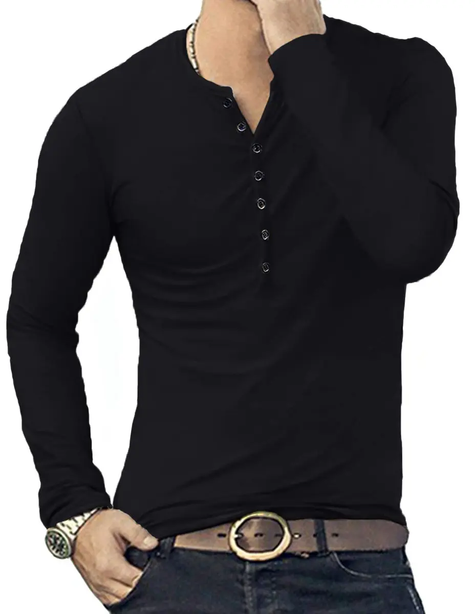 YTD Mens Casual Slim Fit Basic Henley Long Sleeve Fashion T-Shirt M Black | Comfortable Cotton Blend - view 5