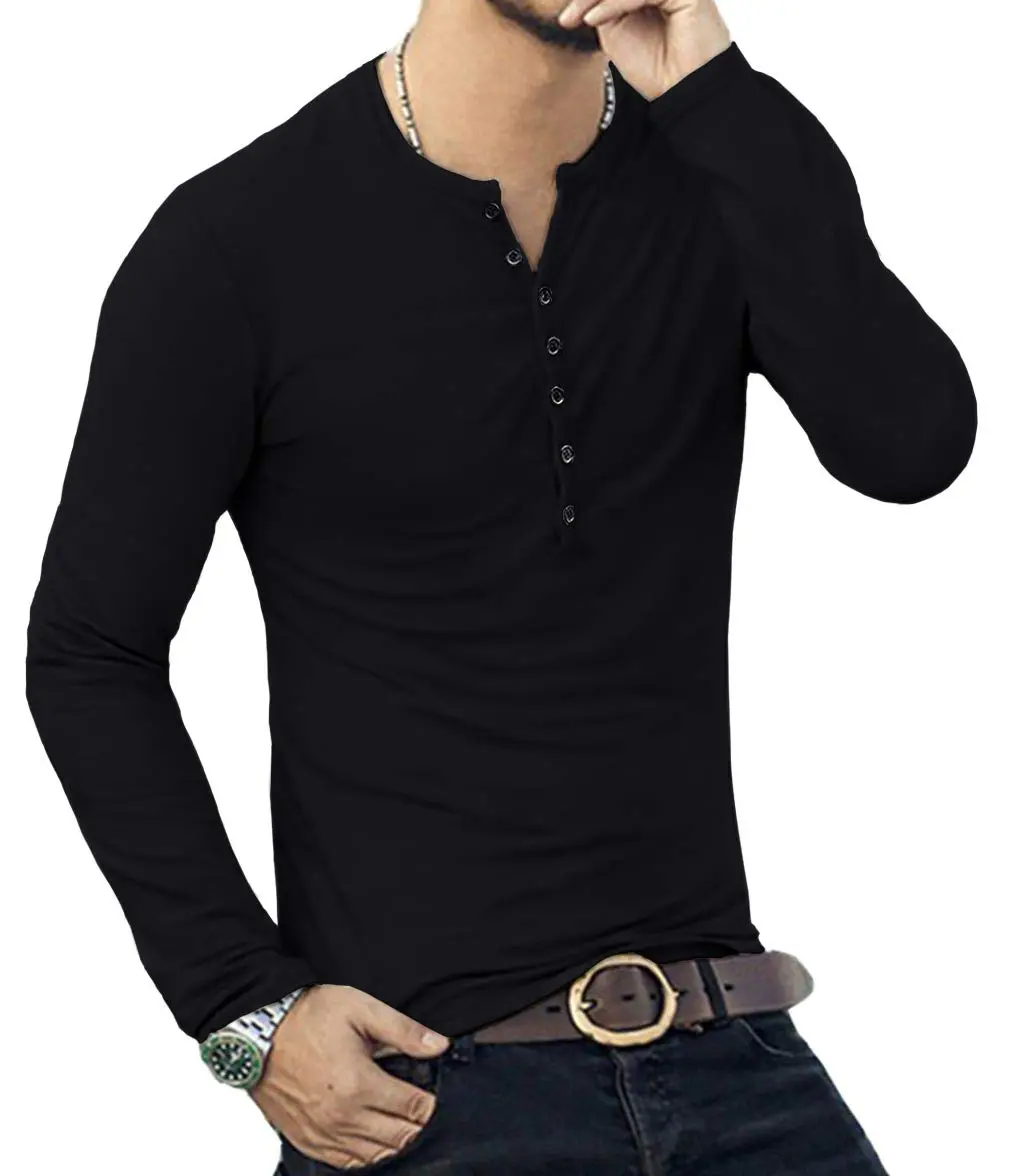 YTD Mens Casual Slim Fit Basic Henley Long Sleeve Fashion T-Shirt M Black | Comfortable Cotton Blend - view 6