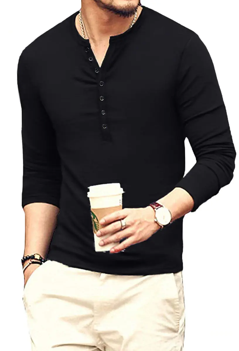 YTD Mens Casual Slim Fit Basic Henley Long Sleeve Fashion T-Shirt M Black | Comfortable Cotton Blend - view 2