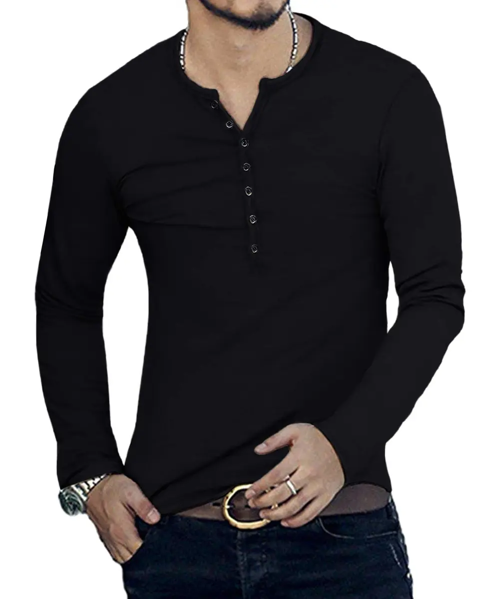 YTD Mens Casual Slim Fit Basic Henley Long Sleeve Fashion T-Shirt M Black | Comfortable Cotton Blend - view 3