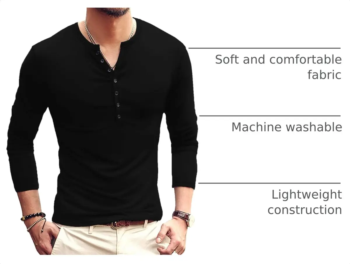 YTD Mens Casual Slim Fit Basic Henley Long Sleeve Fashion T-Shirt M Black | Comfortable Cotton Blend - view 4