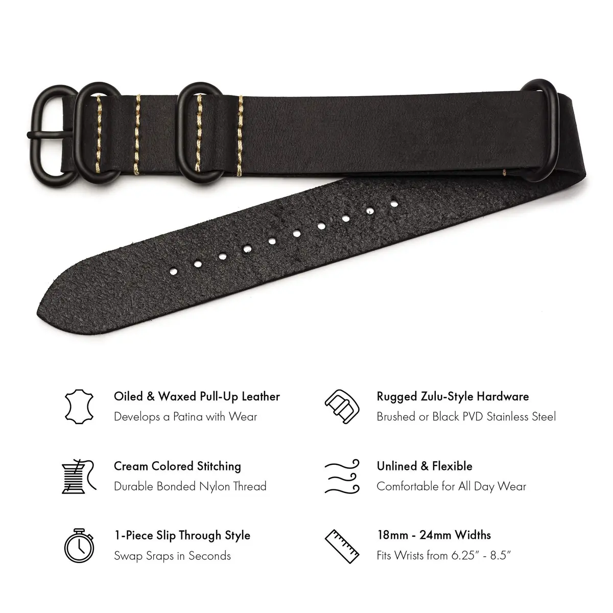 Benchmark Basics Leather Watch Band - Crazy Horse Oiled Leather 20mm | Slip-Through, Rustic Finish - view 2
