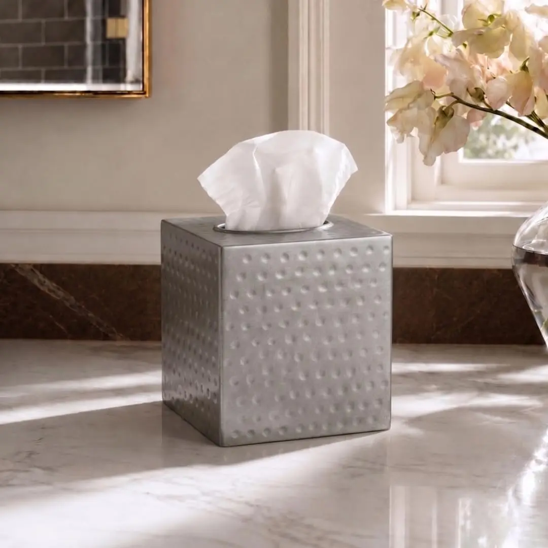 Monarch Abode Hand Hammered Pewter Metal Square Tissue Box Cover Holder | 13cm (5") x 13cm (5") x 13.3cm (5.25") - view 4
