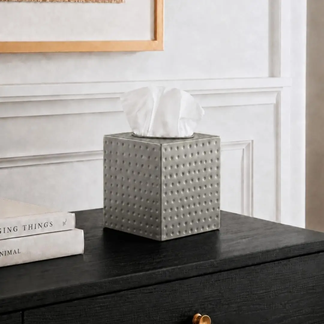 Monarch Abode Hand Hammered Pewter Metal Square Tissue Box Cover Holder | 13cm (5") x 13cm (5") x 13.3cm (5.25") - view 5