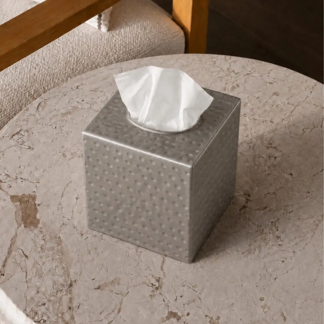 Monarch Abode Hand Hammered Pewter Metal Square Tissue Box Cover Holder | 13cm (5") x 13cm (5") x 13.3cm (5.25") - view 7