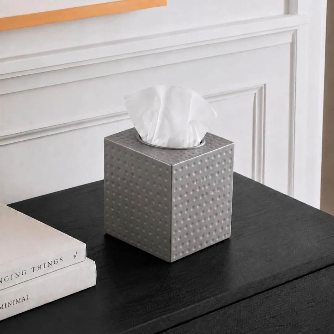 Monarch Abode Hand Hammered Pewter Metal Square Tissue Box Cover Holder | 13cm (5") x 13cm (5") x 13.3cm (5.25") - view 8
