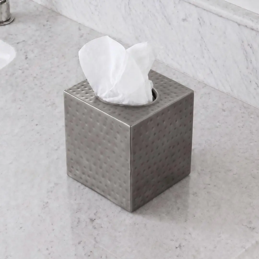 Monarch Abode Hand Hammered Pewter Metal Square Tissue Box Cover Holder | 13cm (5") x 13cm (5") x 13.3cm (5.25") - view 9