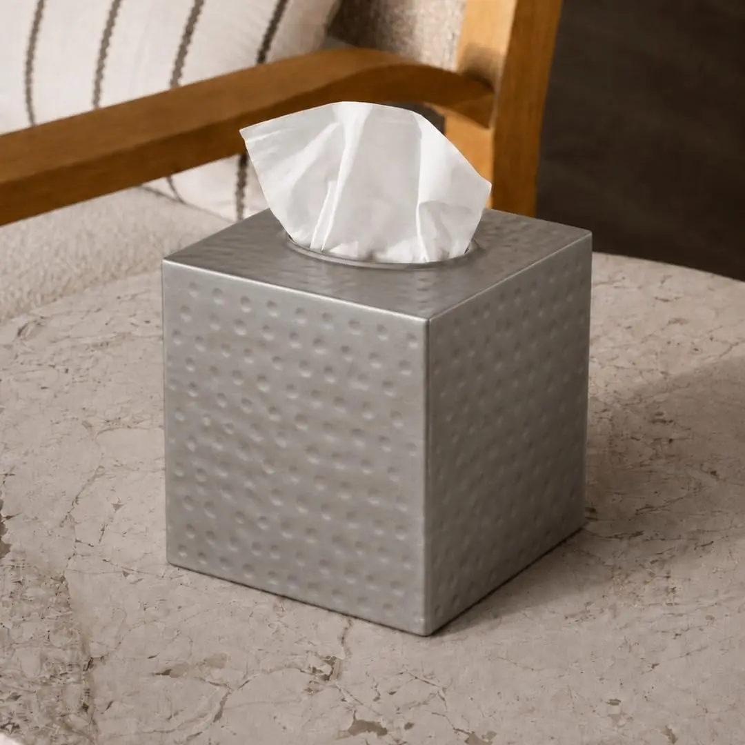 Monarch Abode Hand Hammered Pewter Metal Square Tissue Box Cover Holder | 13cm (5") x 13cm (5") x 13.3cm (5.25") - view 2