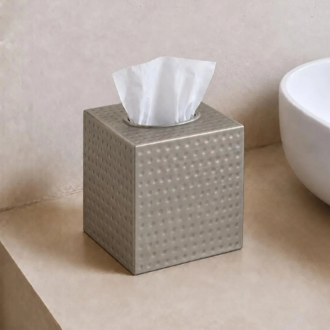 Monarch Abode Hand Hammered Pewter Metal Square Tissue Box Cover Holder | 13cm (5") x 13cm (5") x 13.3cm (5.25") - view 3