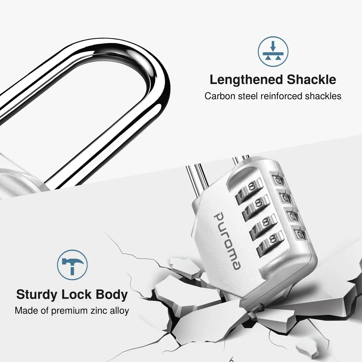 Puroma Silver & Black 4 Digit Combination Lock 2.6 Inch | Durable, Resettable & Waterproof - view 2