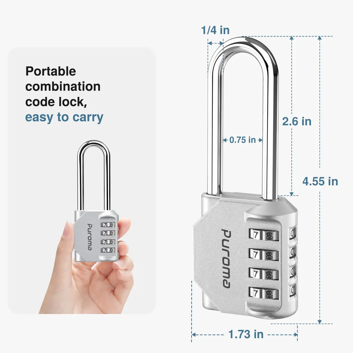 Puroma Silver & Black 4 Digit Combination Lock 2.6 Inch | Durable, Resettable & Waterproof - view 4