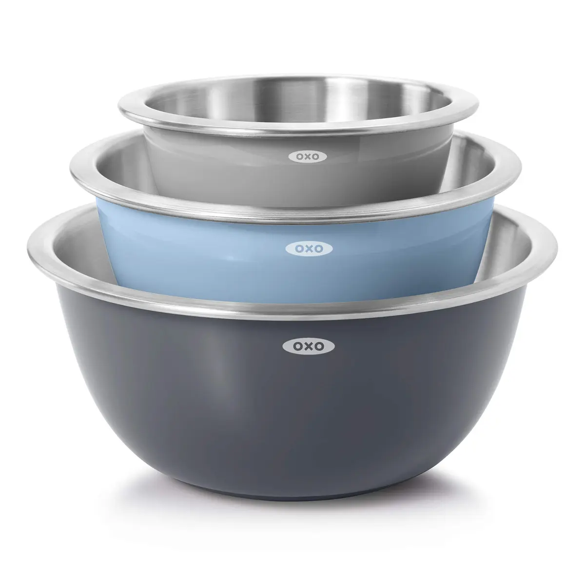 OXO Good Grips 3-Piece Stainless Steel Mixing Bowl Set - 1.9L (1.5 Qt), 2.8L (3 Qt), 4.7L (5 Qt) | Blue & Gray - main product image