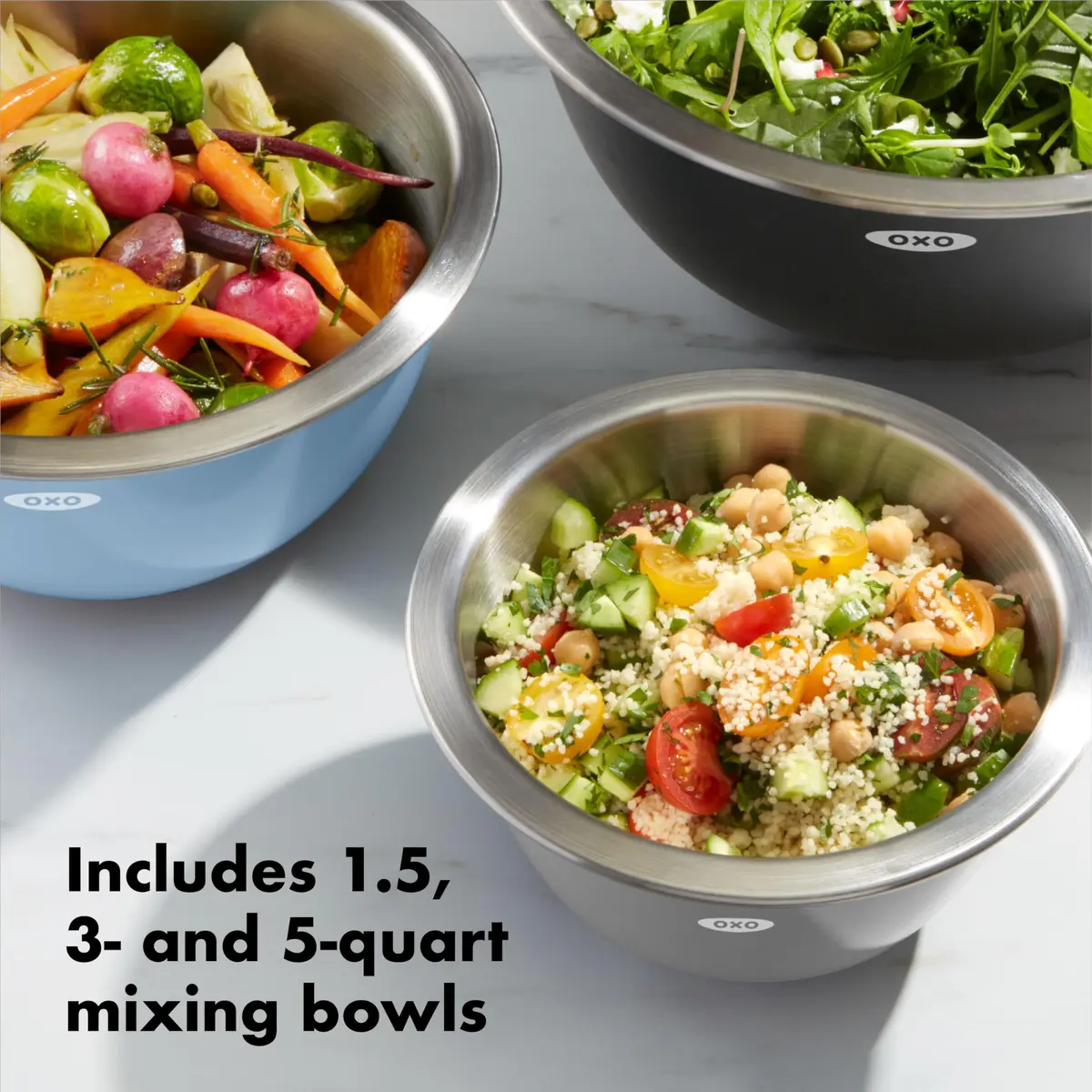 OXO Good Grips 3-Piece Stainless Steel Mixing Bowl Set - 1.9L (1.5 Qt), 2.8L (3 Qt), 4.7L (5 Qt) | Blue & Gray - view 2