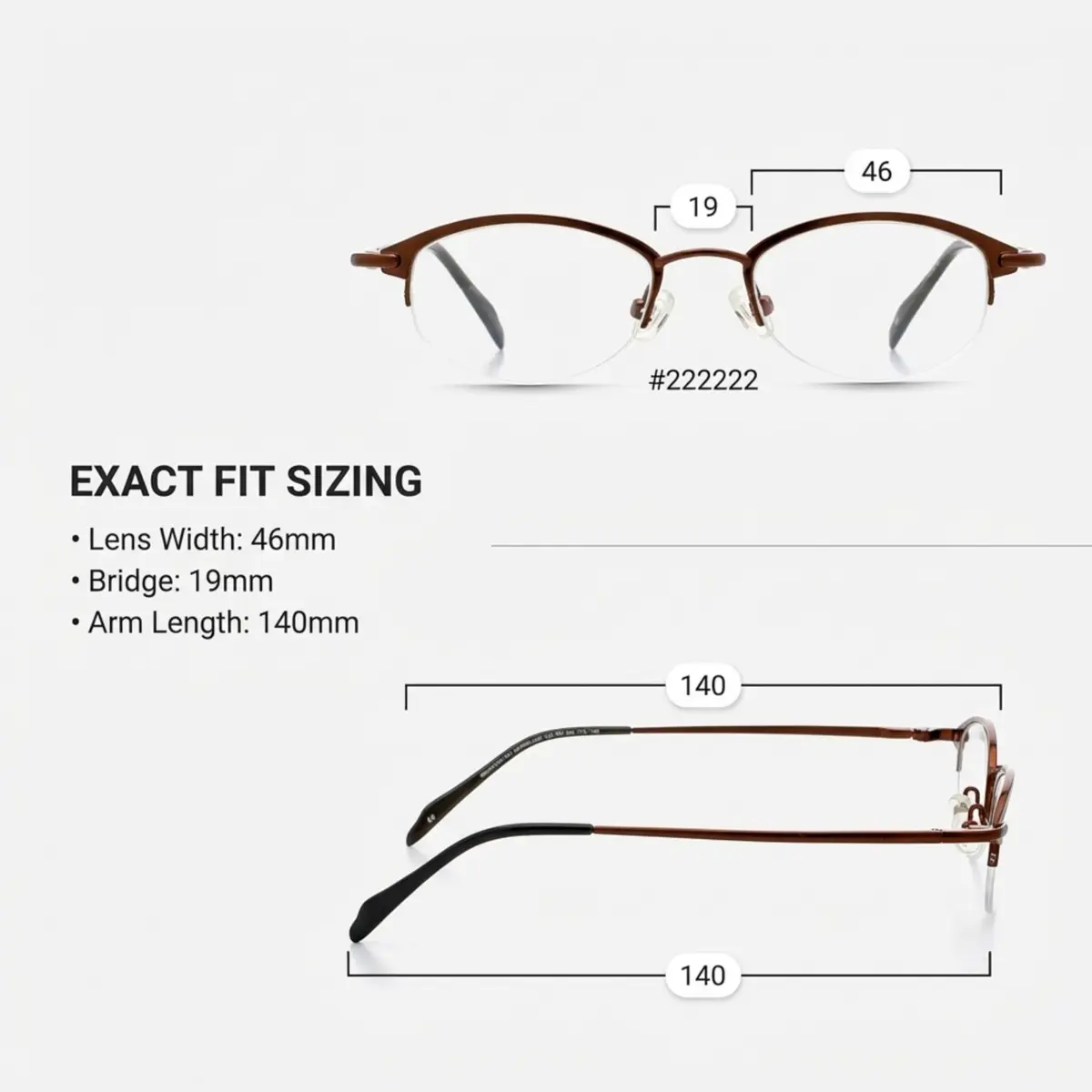 Hit Notion Oval Semi-Rimless Eyeglass Frames Cocoa 46mm (1.81in) | Lightweight Monel Metal Prescription Ready - view 2