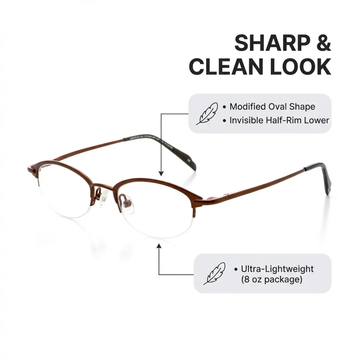 Hit Notion Oval Semi-Rimless Eyeglass Frames Cocoa 46mm (1.81in) | Lightweight Monel Metal Prescription Ready - view 4