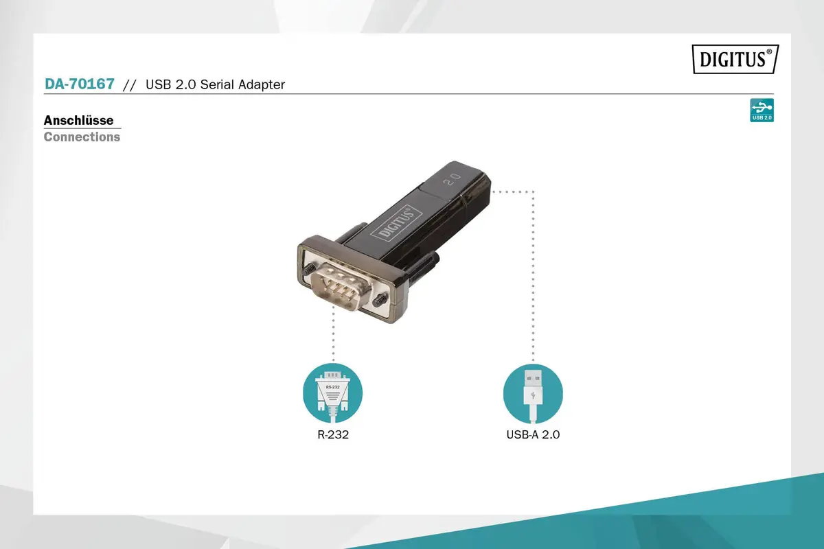 DIGITUS USB to Serial Adapter - RS232 Converter - USB 2.0 Type A to DSUB 9M - PL2303GT Chipset - Includes 80 cm Cable | Data exchange between PC and serial peripherals - view 2