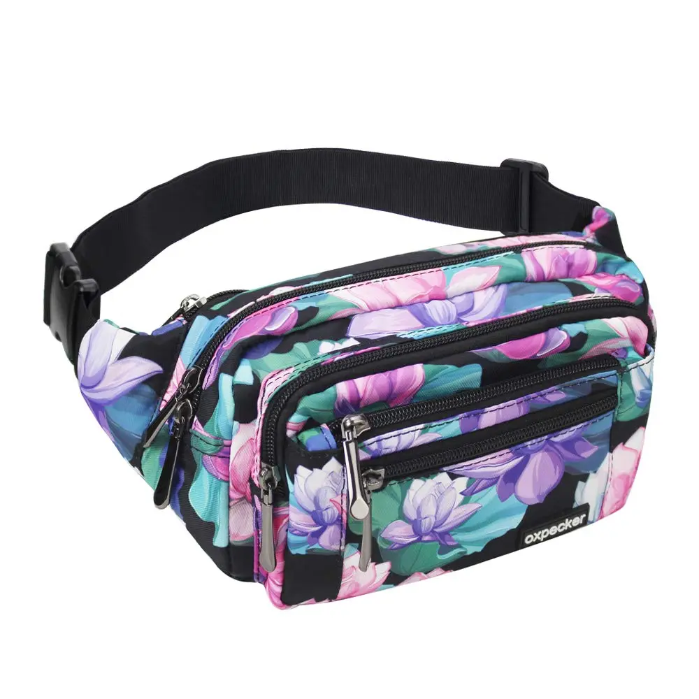 Oxpecker Waist Pack Bag Black Base Floral with Rain Cover 25.4cm (10in) | 5 Pockets, Adjustable Strap, Waterproof - main product image