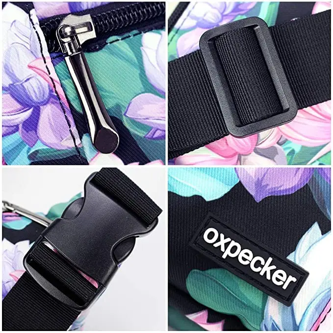 Oxpecker Waist Pack Bag Black Base Floral with Rain Cover 25.4cm (10in) | 5 Pockets, Adjustable Strap, Waterproof - view 3