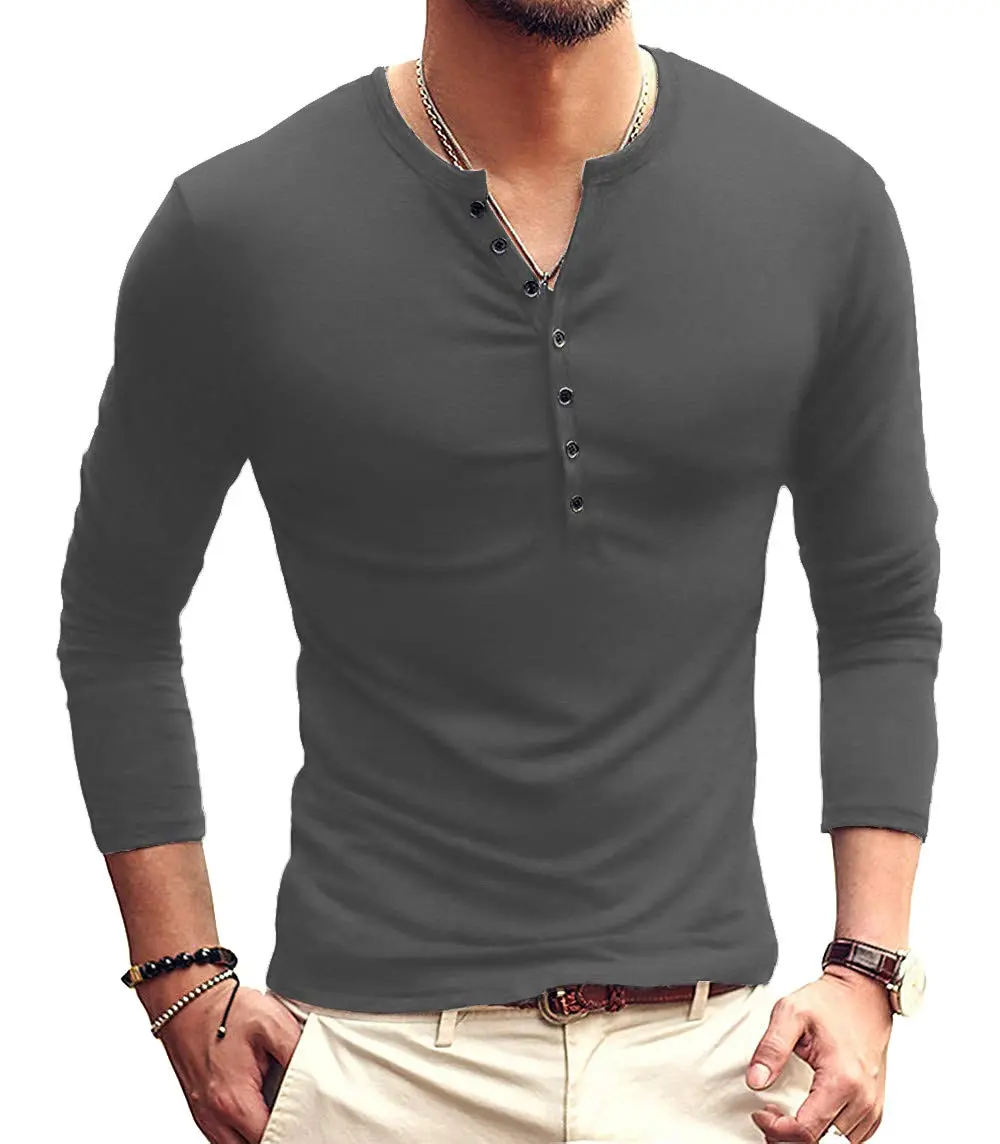 YTD Mens Casual Slim Fit Henley Long Sleeve T-Shirt XL Dark Gray | Comfortable, Slim Fit, Lightweight - main product image
