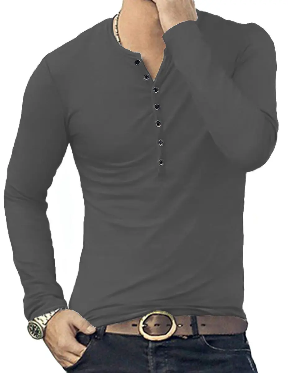 YTD Mens Casual Slim Fit Henley Long Sleeve T-Shirt XL Dark Gray | Comfortable, Slim Fit, Lightweight - view 5