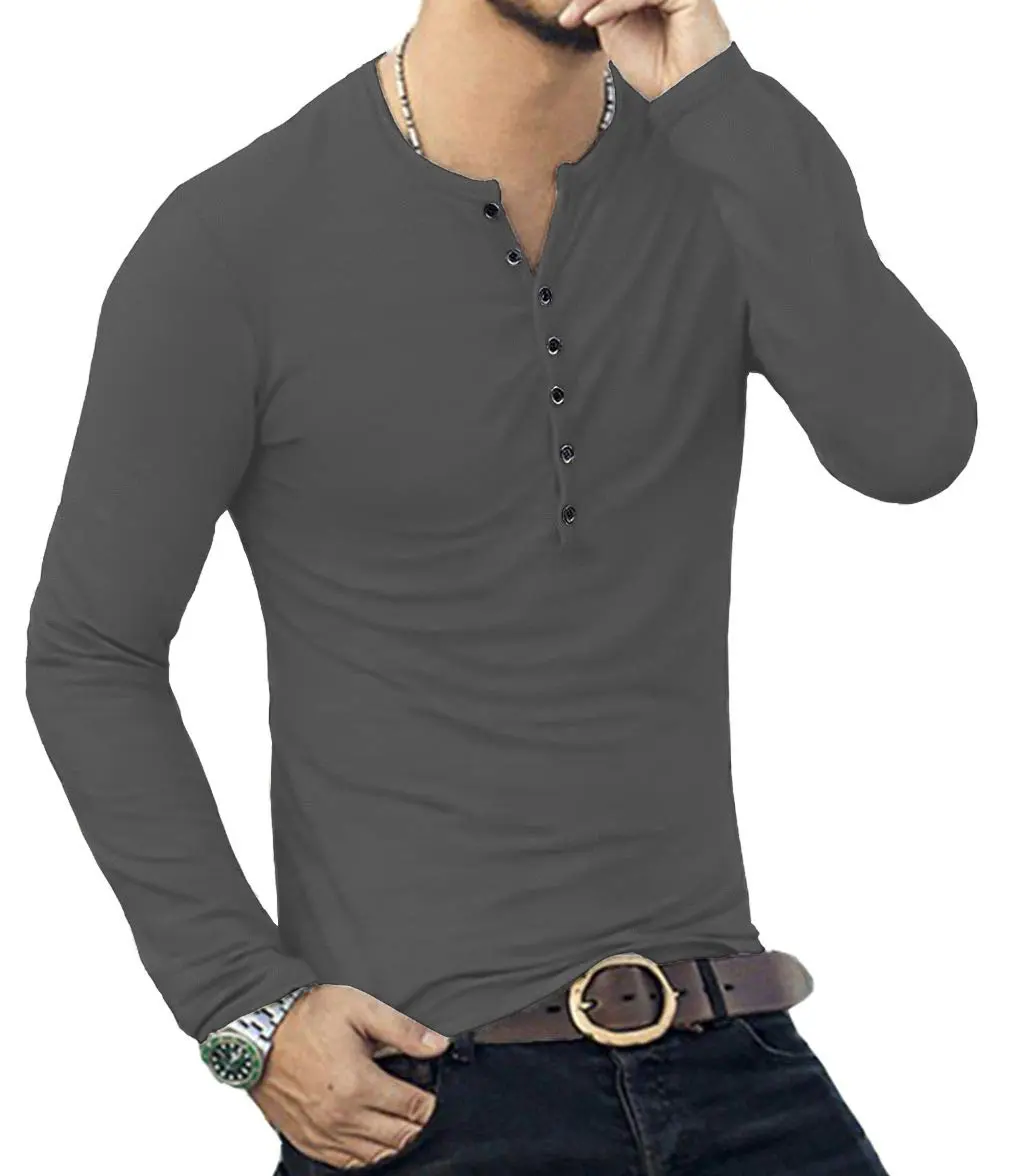 YTD Mens Casual Slim Fit Henley Long Sleeve T-Shirt XL Dark Gray | Comfortable, Slim Fit, Lightweight - view 6