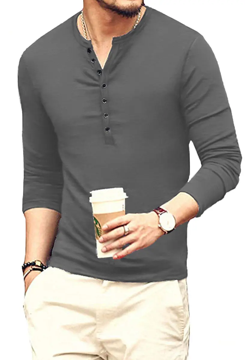 YTD Mens Casual Slim Fit Henley Long Sleeve T-Shirt XL Dark Gray | Comfortable, Slim Fit, Lightweight - view 2