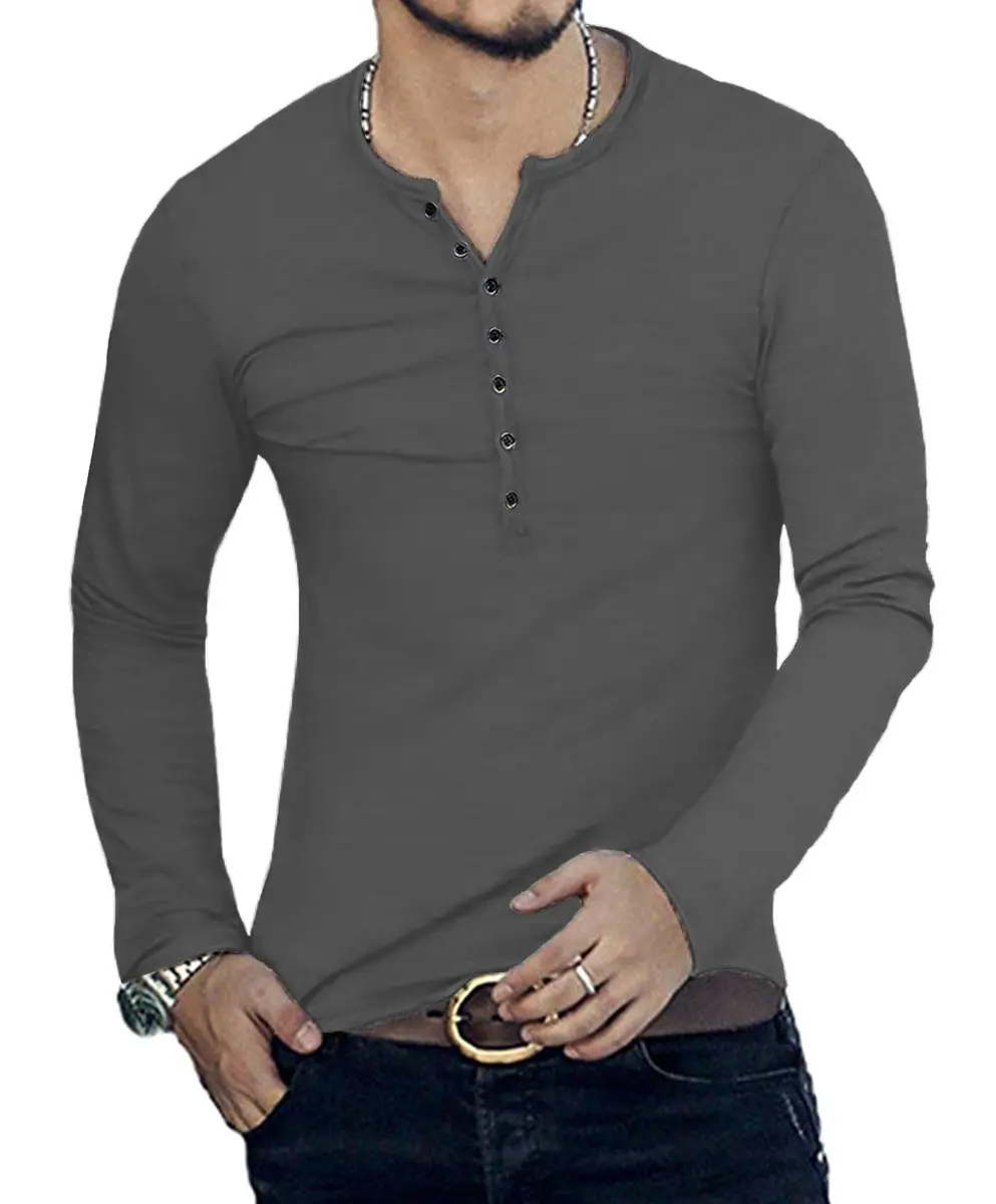 YTD Mens Casual Slim Fit Henley Long Sleeve T-Shirt XL Dark Gray | Comfortable, Slim Fit, Lightweight - view 3