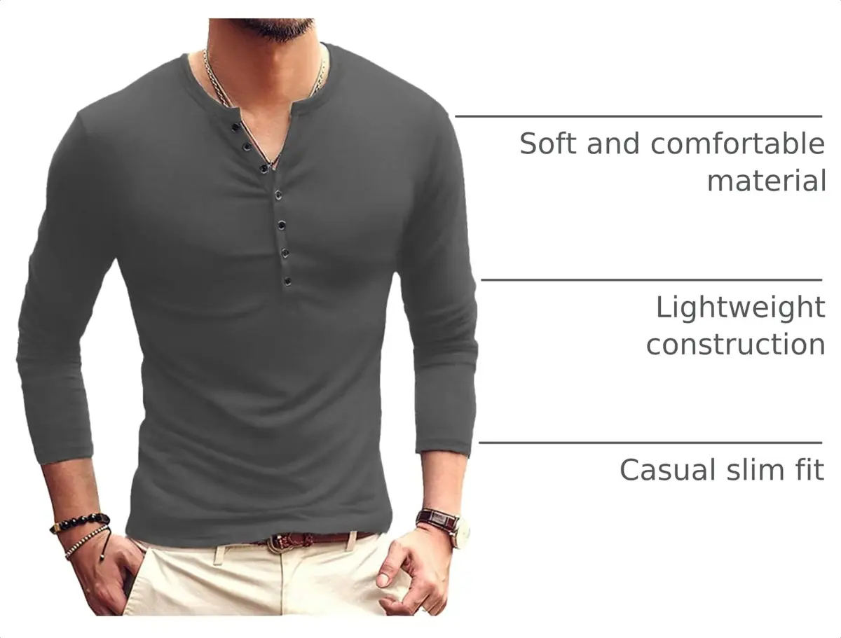 YTD Mens Casual Slim Fit Henley Long Sleeve T-Shirt XL Dark Gray | Comfortable, Slim Fit, Lightweight - view 4