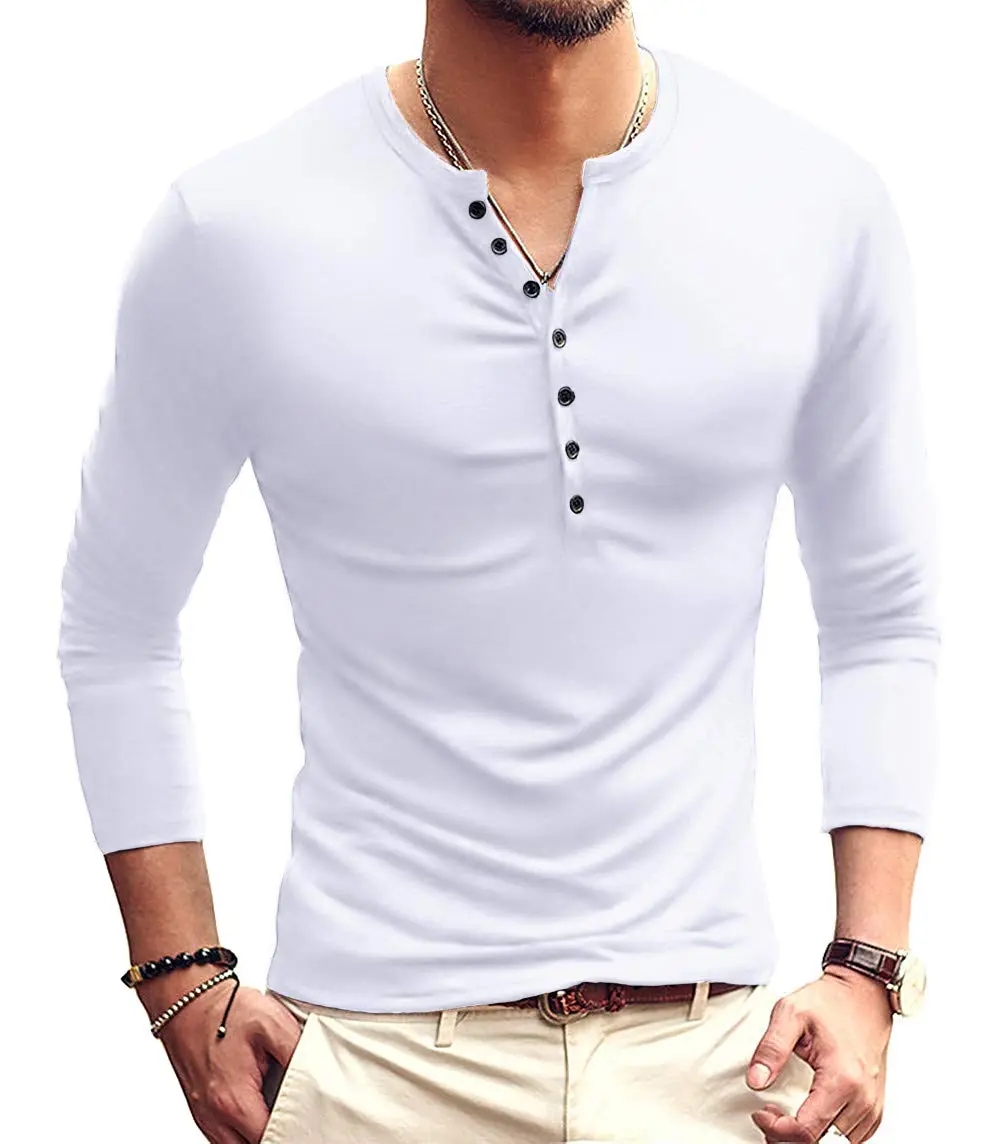 YTD Mens Casual Slim Fit Basic Henley Long Sleeve Fashion T-Shirt XL White | Comfortable Slim Fit Cotton Blend - main product image