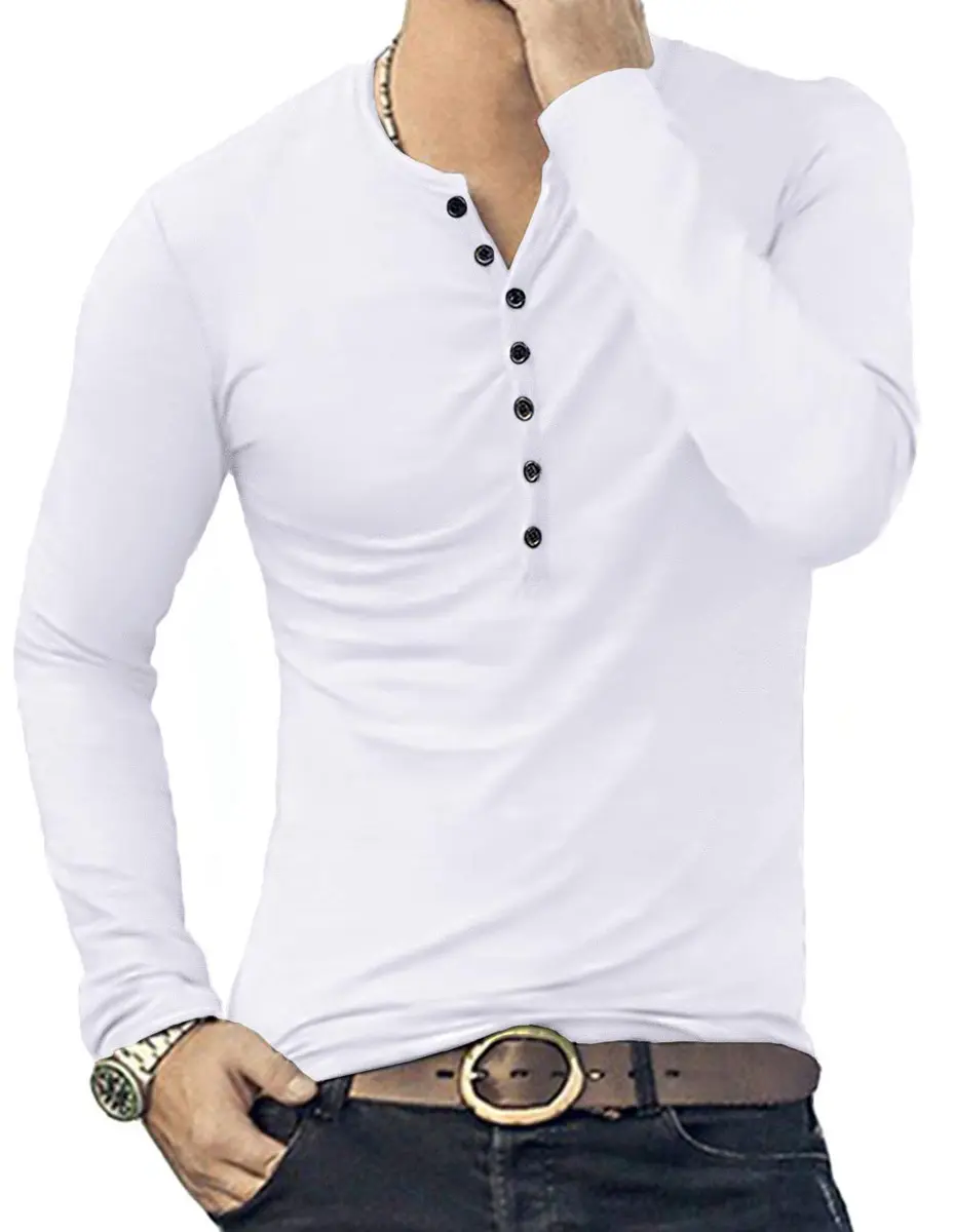 YTD Mens Casual Slim Fit Basic Henley Long Sleeve Fashion T-Shirt XL White | Comfortable Slim Fit Cotton Blend - view 5