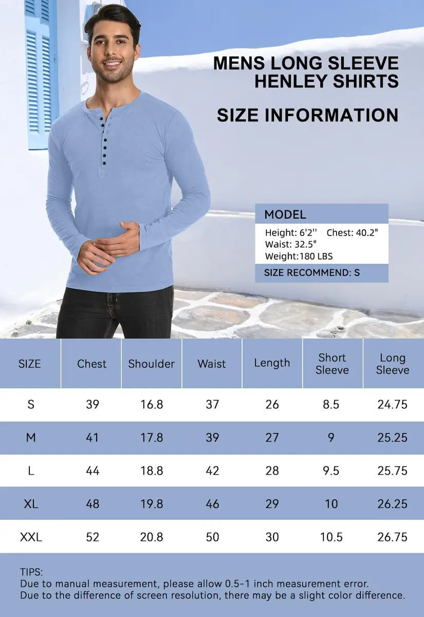 YTD Mens Casual Slim Fit Basic Henley Long Sleeve Fashion T-Shirt XL White | Comfortable Slim Fit Cotton Blend - view 7