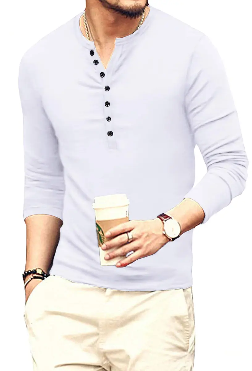 YTD Mens Casual Slim Fit Basic Henley Long Sleeve Fashion T-Shirt XL White | Comfortable Slim Fit Cotton Blend - view 2