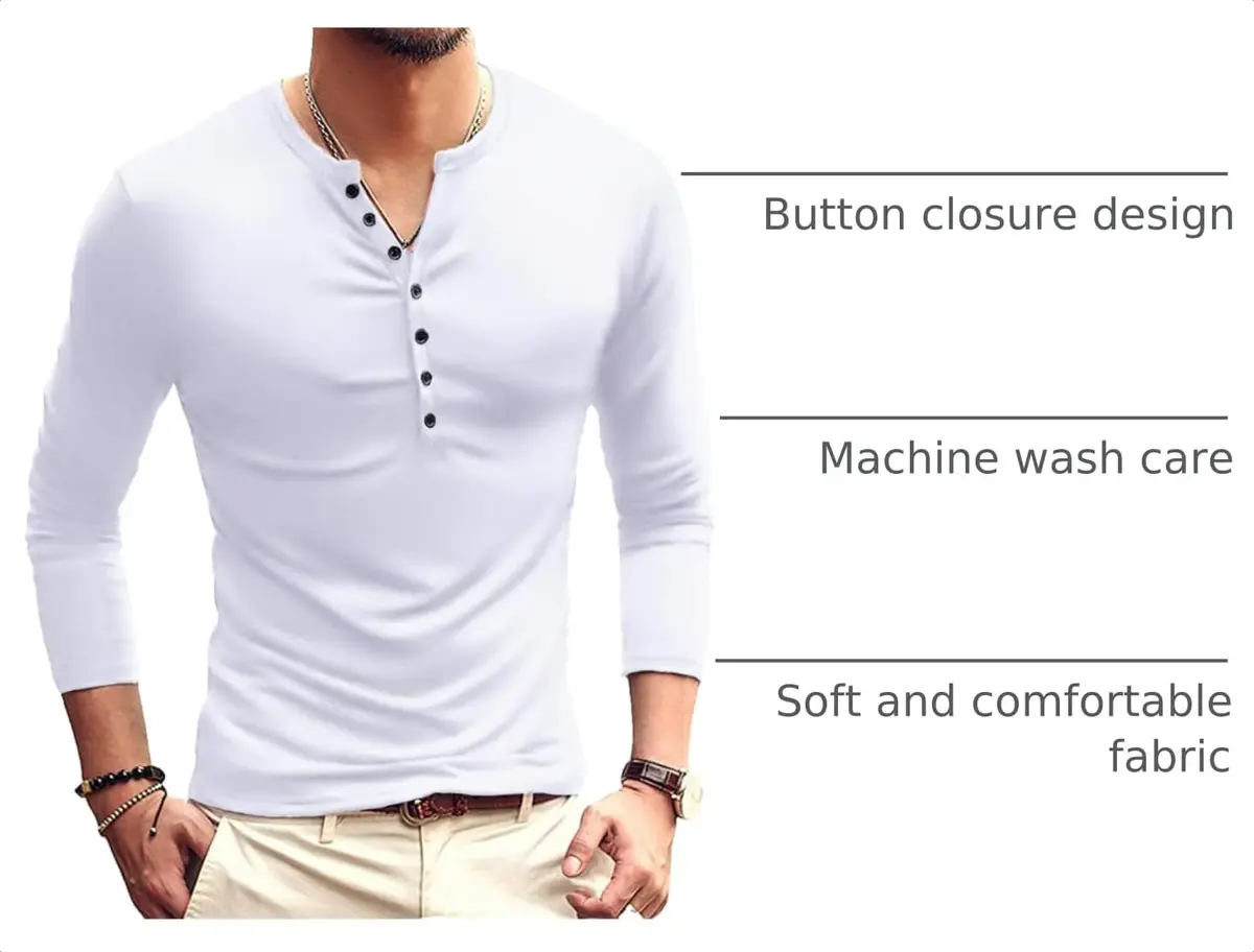 YTD Mens Casual Slim Fit Basic Henley Long Sleeve Fashion T-Shirt XL White | Comfortable Slim Fit Cotton Blend - view 4