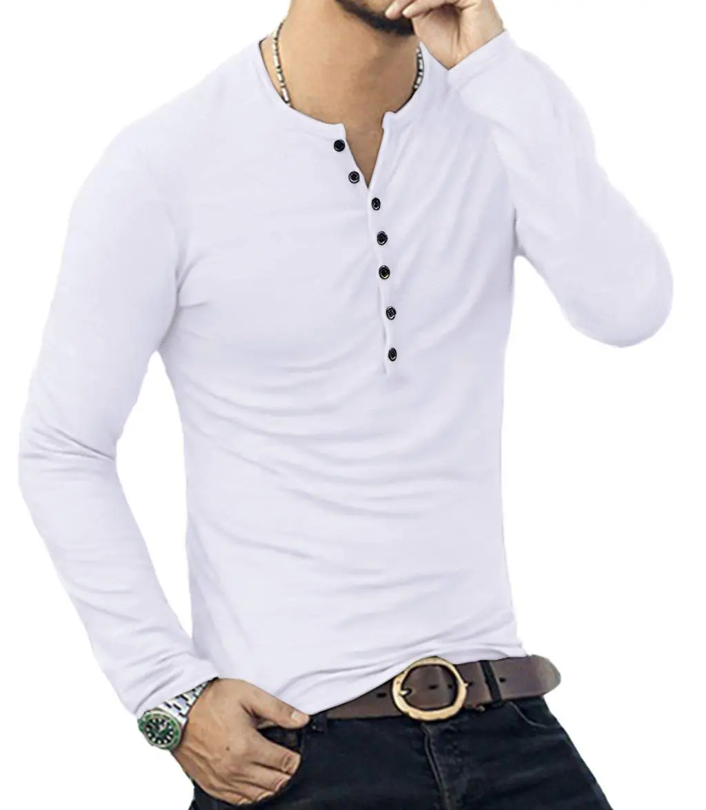YTD Mens Casual Slim Fit Henley Long Sleeve T-Shirt White | Comfortable, Slim Fit, Cotton Blend (70-120 chars) - view 6