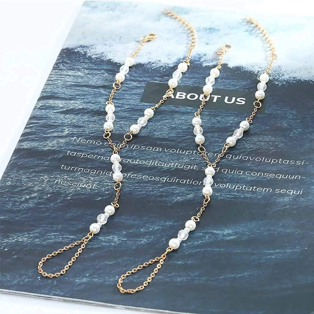 Olbye Pearl Toe Ring Anklet Bracelet Gold Barefoot Sandals for Women Beach Wedding | Adjustable Foot Chain Jewelry - view 4