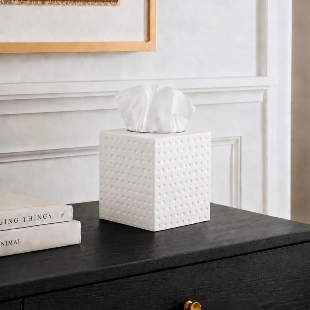 Monarch Abode Hand Hammered White Metal Tissue Box Cover Square | Aesthetic Decorative Facial Napkin Cube for Modern Home Decor - view 5