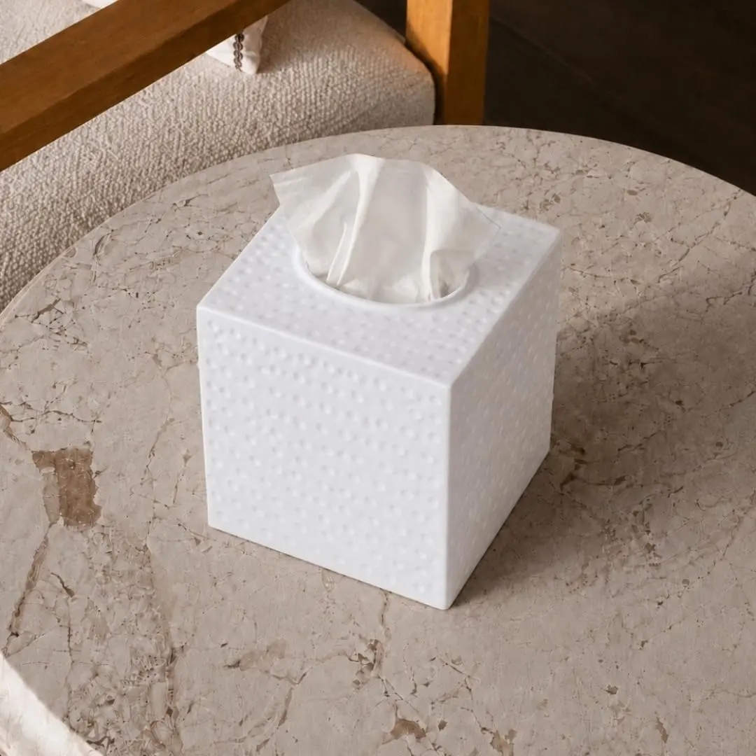 Monarch Abode Hand Hammered White Metal Tissue Box Cover Square | Aesthetic Decorative Facial Napkin Cube for Modern Home Decor - view 7