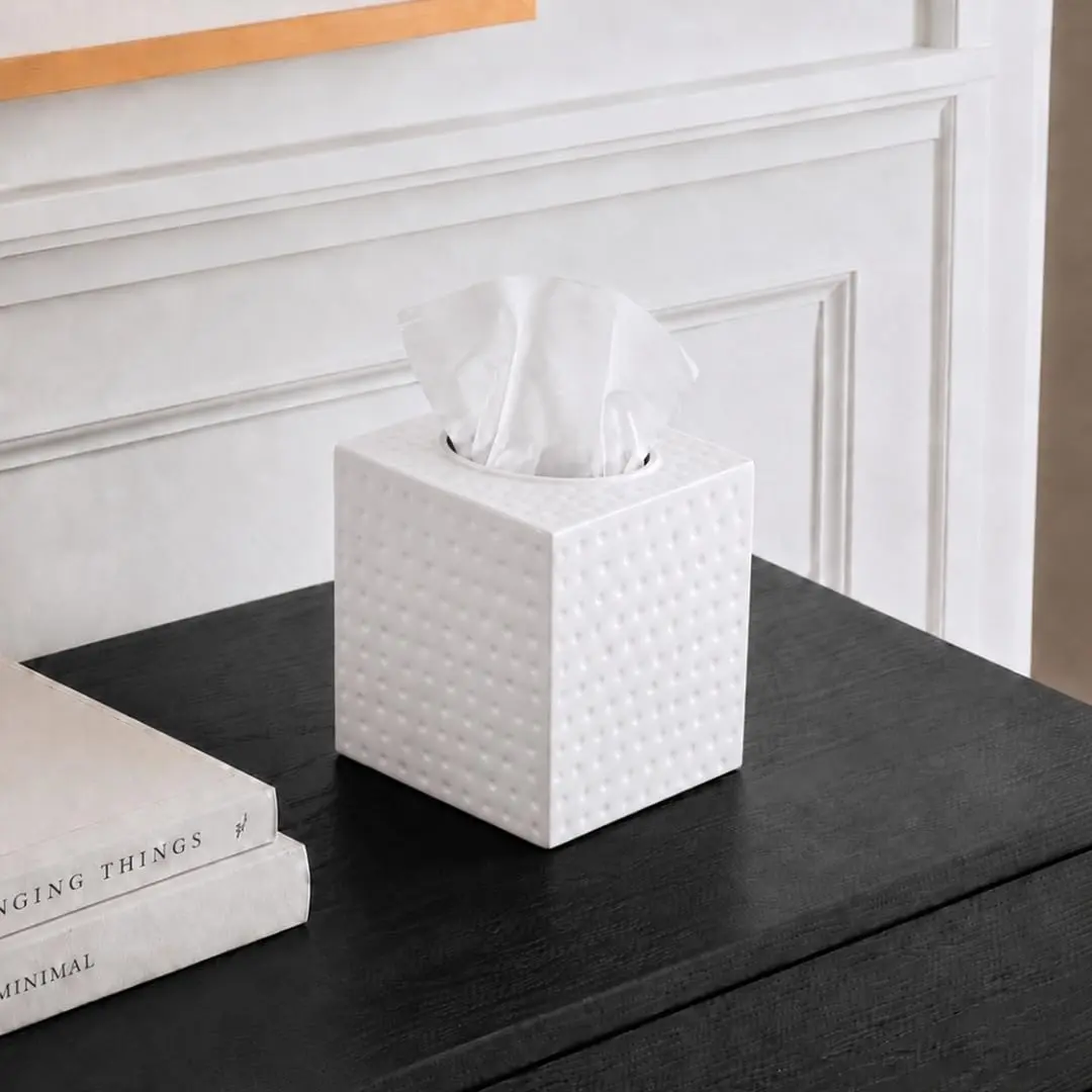 Monarch Abode Hand Hammered White Metal Tissue Box Cover Square | Aesthetic Decorative Facial Napkin Cube for Modern Home Decor - view 8