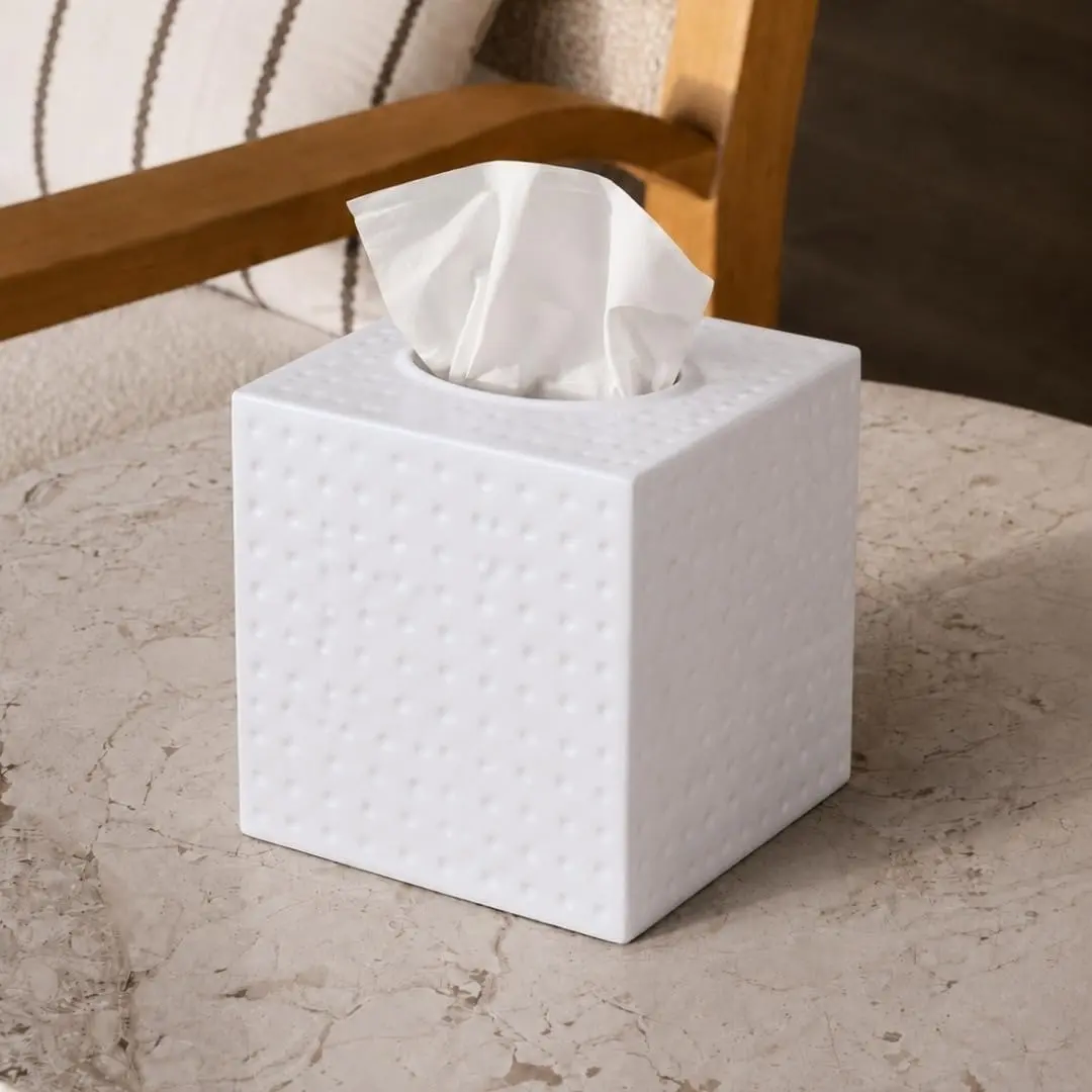 Monarch Abode Hand Hammered White Metal Tissue Box Cover Square | Aesthetic Decorative Facial Napkin Cube for Modern Home Decor - view 2