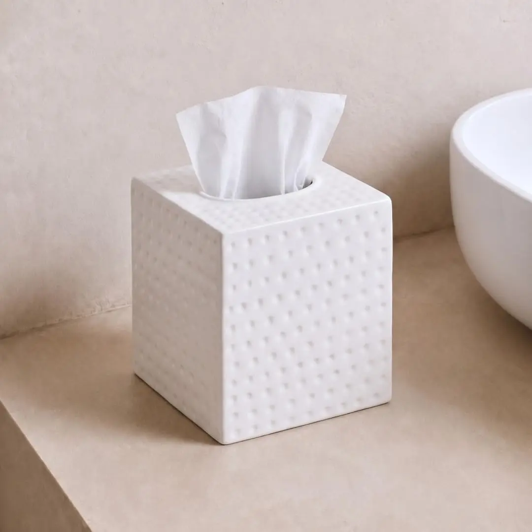 Monarch Abode Hand Hammered White Metal Tissue Box Cover Square | Aesthetic Decorative Facial Napkin Cube for Modern Home Decor - view 3