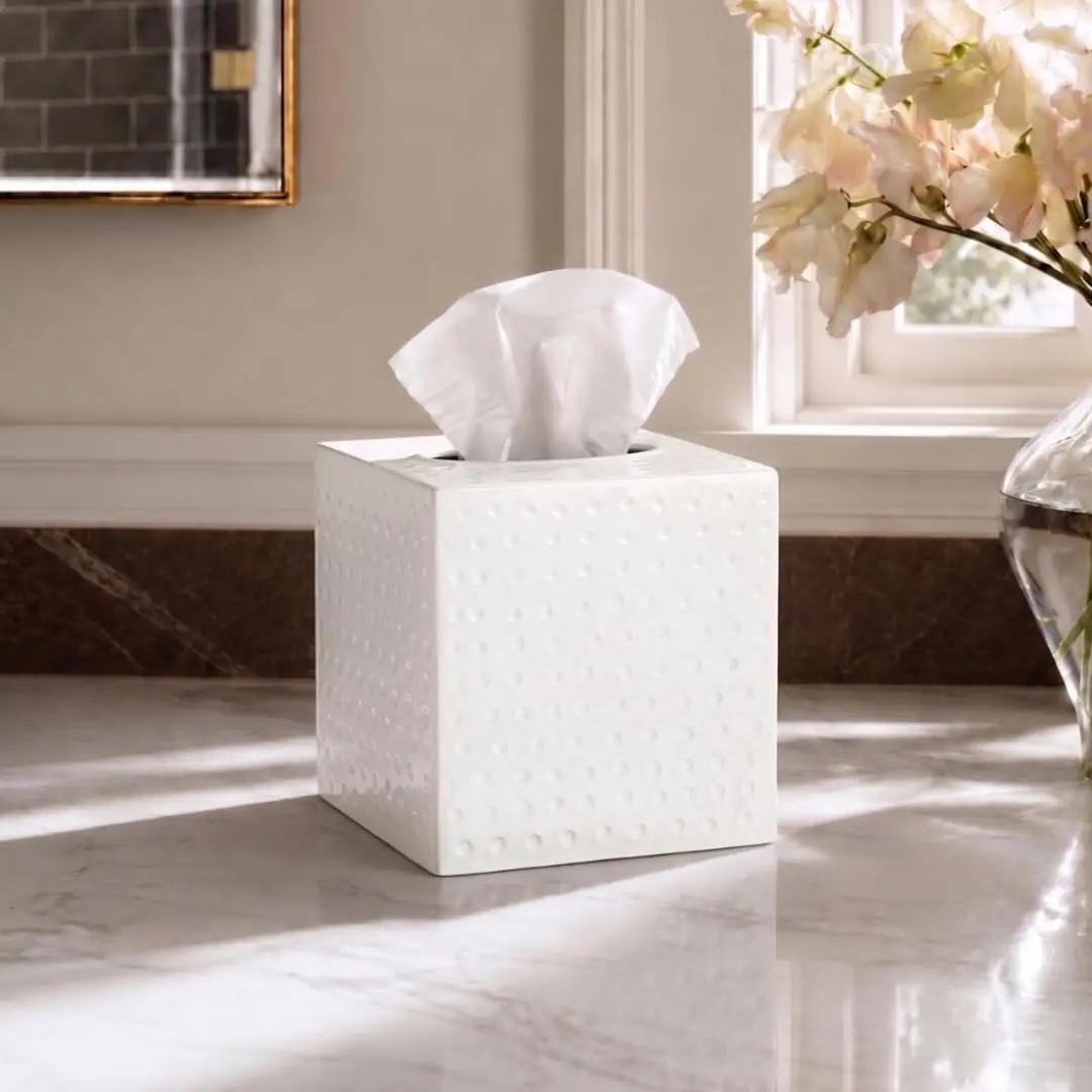 Monarch Abode Hand Hammered White Metal Tissue Box Cover Square | Aesthetic Decorative Facial Napkin Cube for Modern Home Decor - view 4