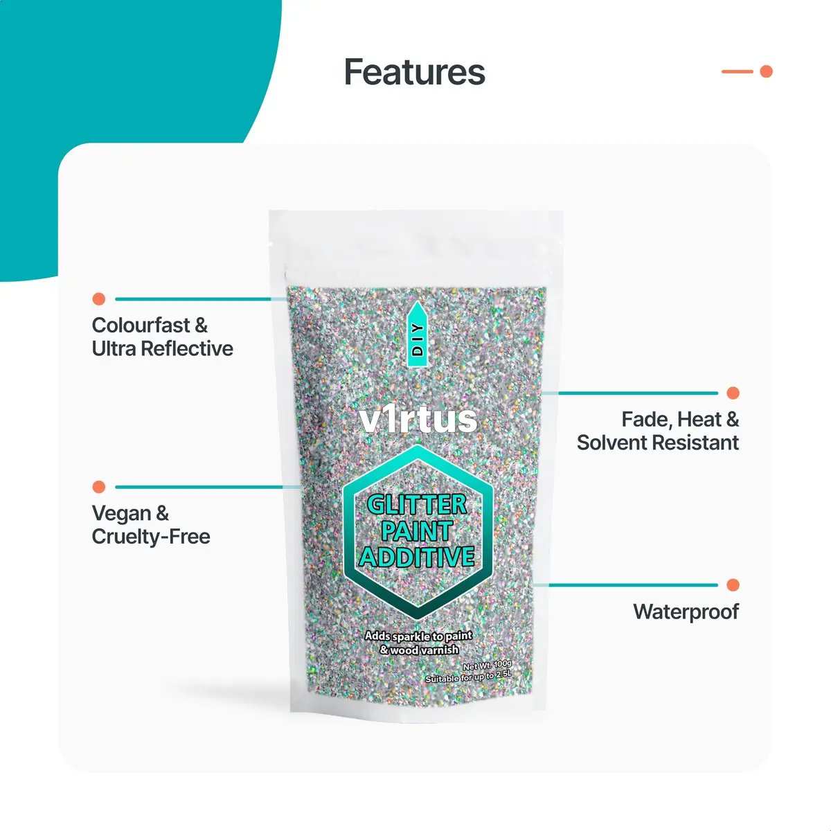 v1rtus Silver Holographic Glitter Paint Additive 200g | Sparkle Wall & Craft Decor - view 3