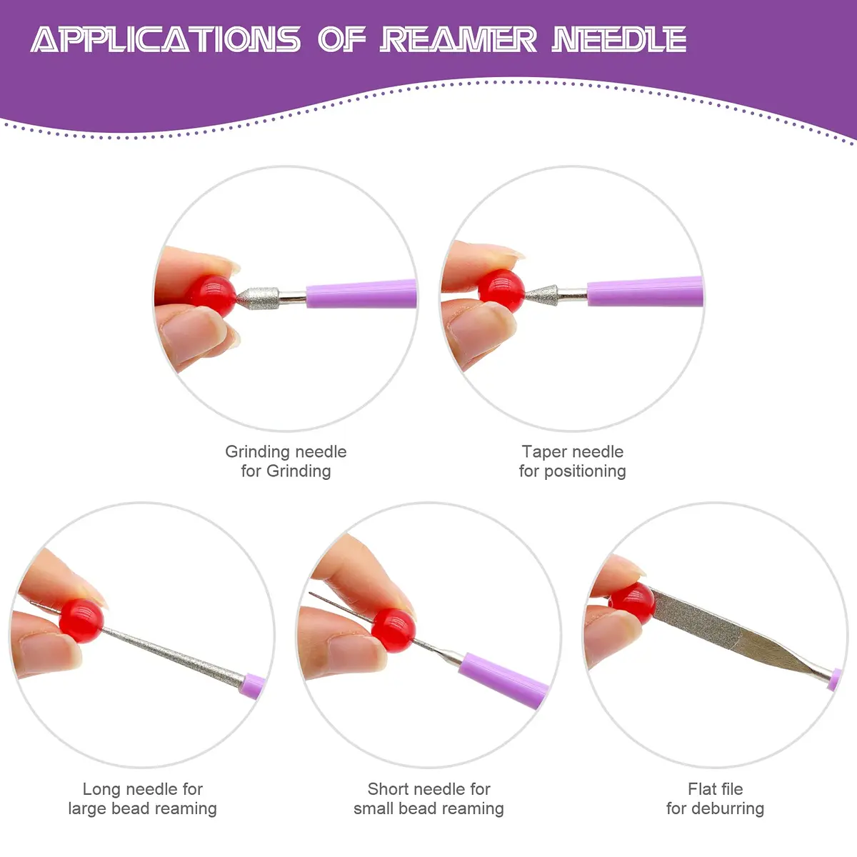 MUZHI Diamond Tipped Bead Reamer Set for Jewelry Making, Hole Enlarger Tool for Glass Plastic Metal Wood Beads (5 Pieces, Purple/Silver) - view 5