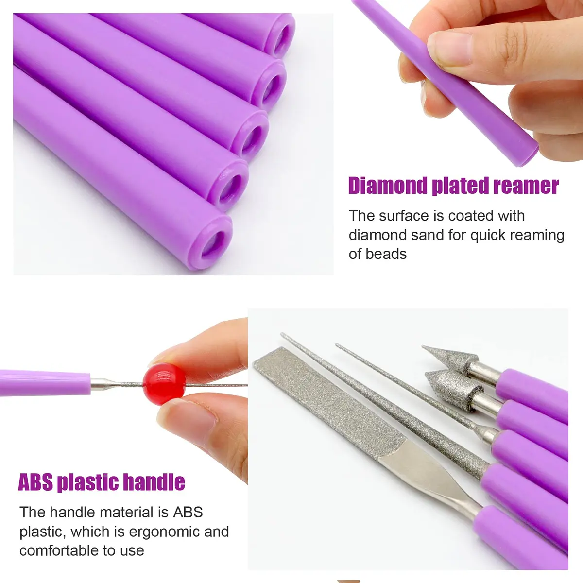 MUZHI Diamond Tipped Bead Reamer Set for Jewelry Making, Hole Enlarger Tool for Glass Plastic Metal Wood Beads (5 Pieces, Purple/Silver) - view 4
